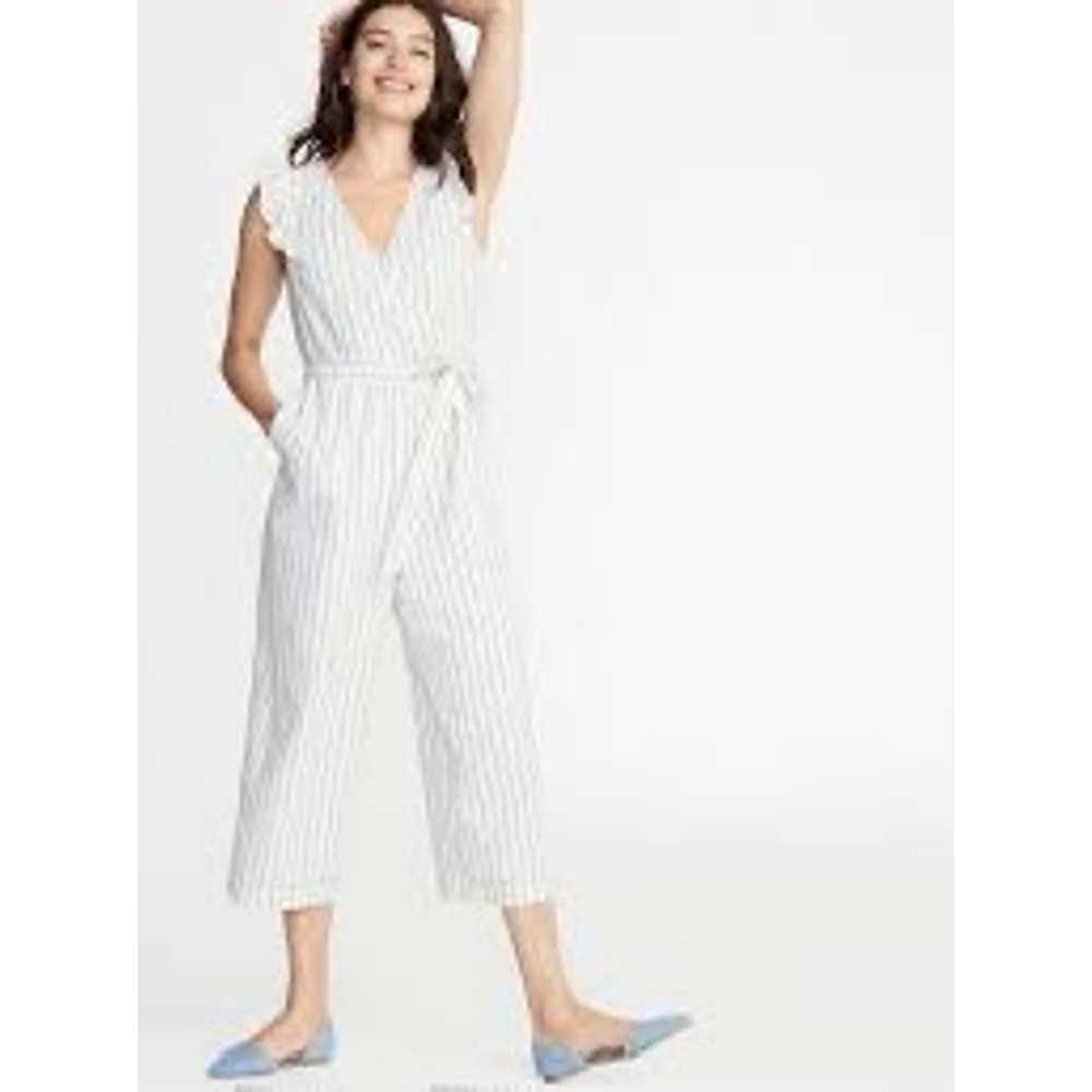 Old Navy Womens L Faux-Wrap Tie-Belt Linen-Blend Jumpsuit Career Travel Resort